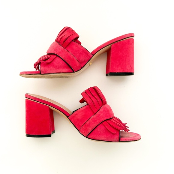Gucci Marmont GG Logo Hot Pink Red Suede Fringed High Heeled Mules Slides 37.5 - Picture 5 of 12